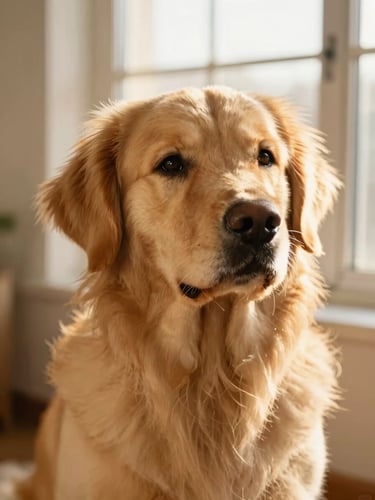 Soft-focus portrait of a gentle golden retriever in warm golden-hour window light, peaceful atmosphere, natural tones