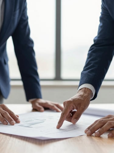 Hands of executives collaborating over a blueprint on a wooden table, soft natural window light, deep blue and copper tones, shallow depth of field, 35mm
