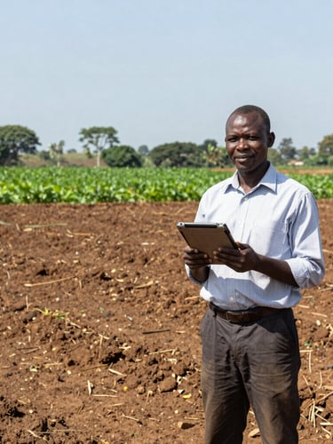 Wide environmental portrait of a Ugandan agricultural engineer in a field, holding a rugged tablet, bright equatorial daylight, deep greens and rich soils, 35mm lens, sharp focus
