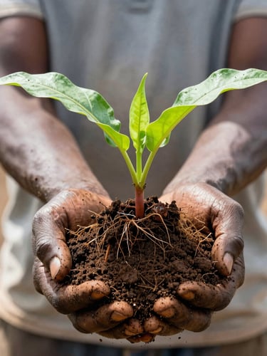 Close-up of dark, rich Ugandan soil being held by a local farmer, showing healthy crop root structures, bright natural daylight, 35mm lens
