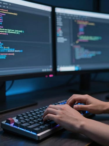 hands typing on a mechanical keyboard in front of dual monitors showing clean code, cool-toned studio lighting, shallow depth of field