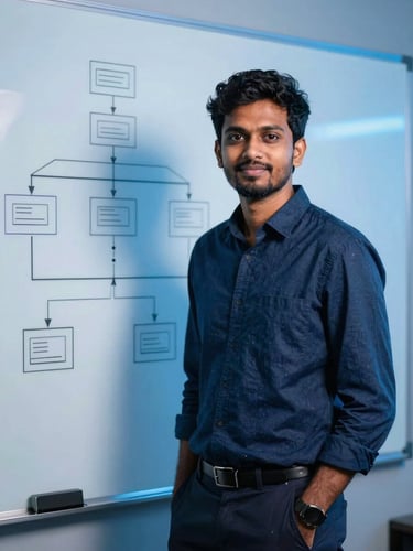 professional portrait of Vignesh T.D., an approachable cloud engineer standing in front of a whiteboard with system architecture diagrams, realistic screen glow, 35mm