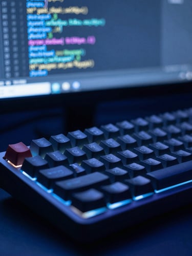 Macro shot of clean code on a mechanical keyboard monitor, cool screen glow, deep blue tones, shallow depth of field, 35mm