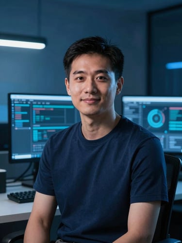 approachable portrait of a DevOps architect in a modern tech workspace, cool screen glow, crisp studio lighting, deep blue tones, 35mm
