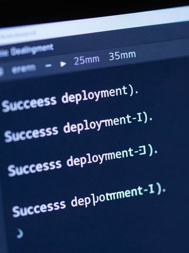 Macro shot of a clean code terminal displaying a successful deployment log, cool screen glow, deep blue tones, shallow depth of field