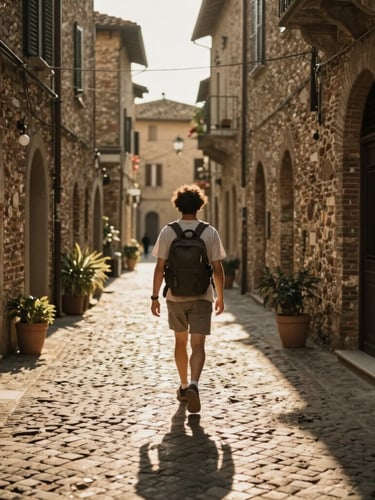 Candid environmental shot of a traveler walking through a narrow cobblestone alleyway in a historic Italian village, soft golden daylight casting long shadows, warm editorial travel photography style.