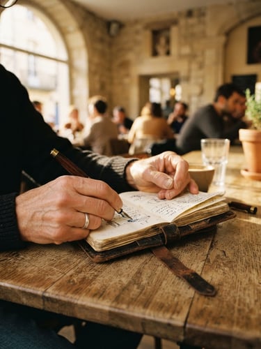 Intimate close-up of a traveler's hands holding a vintage leather-bound journal and a fountain pen on a rustic wooden table in a sunlit European cafe, warm golden-hour lighting, cinematic depth of field, 35mm film.