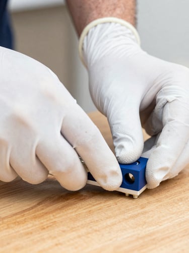Close-up of a craftsman's hands in clean gloves performing a precise installation of a high-end fixture on a polished wooden surface, bright natural daylight, crisp white and deep blue tones, sharp focus, 35mm lens, image bleeding to the right edge.