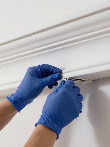 Close-up detail shot of hands in clean gloves performing a precise installation of a high-end architectural trim inside a luxury home. Bright natural daylight, soft shadows, crisp focus on the craftsmanship, 35mm lens.