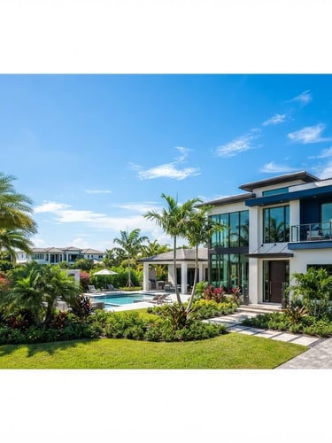 Wide panoramic shot of a pristine, modern luxury home exterior in Boynton Beach, Florida, under bright natural daylight. The architecture features clean white walls and deep blue accents. The image is sharply focused, taken with a 35mm lens, showing an expansive sky and a low horizon, with the house occupying the right third of the frame, bleeding to the edge.