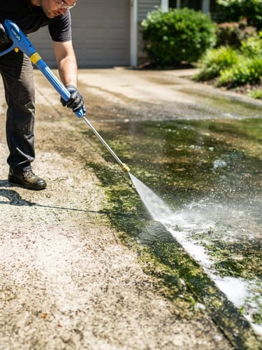 Dynamic low-angle action shot of a pressure washing wand cutting a clean line through heavy green mold on a concrete driveway, bright direct midday sunlight, saturated blues and clean whites, sharp detail, 35mm lens.