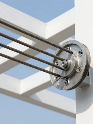 Close-up of clean, heavy-duty steel elevator cables and sheaves under bright natural light, sharp architectural focus, engineering precision
