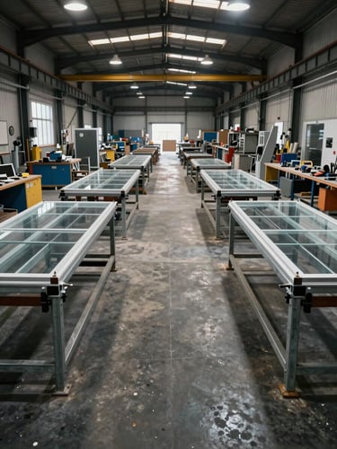 Wide panoramic view of an industrial fabrication workshop floor, metal framing and acrylic panels being assembled on workbenches, overhead factory lighting creating strong contrast against dark concrete floor, tools and materials visible mid-process, no people posing, no text, cinematic framing from the far end of the workshop showing depth and scale
