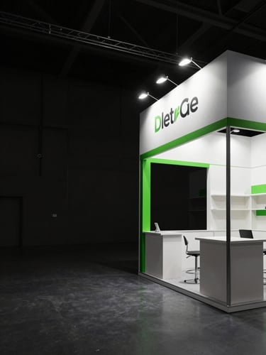 Wide environmental shot from the right edge of frame: a fully illuminated branded retail booth installed in a modern trade-fair hall, dramatic overhead spot lighting cutting through dark charcoal air, fabricated structural elements in crisp white and black, vibrant green accent strip along the booth fascia, no people, no text signage, generous dark negative space on the left side of the frame