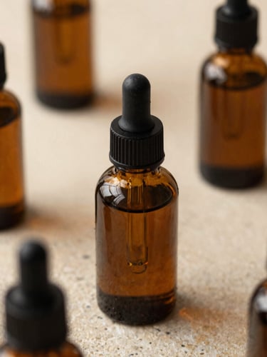 Extreme close-up of elegant amber glass dropper bottles resting on textured stone, soft diffused daylight, rich olive and sand tones, shallow depth of field.