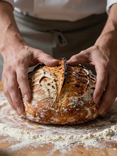Close-up shot of a chef's hands shaping a sourdough loaf on a flour-dusted wooden table, soft side-lighting, rich organic textures.