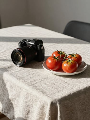 A clean, modern restaurant table with a linen cloth, soft Scandinavian daylight casting long shadows, a camera lens resting beside a fresh plate of heirloom tomatoes.