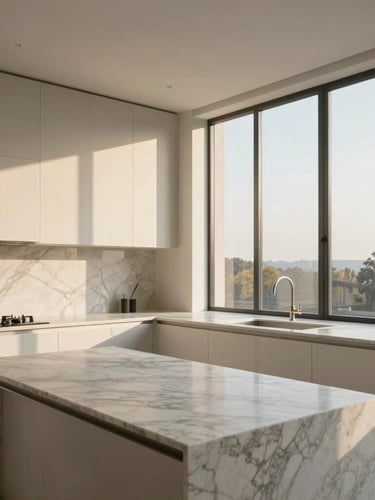 Architectural wide-angle shot of a minimalist luxury kitchen with Calacatta marble countertops, warm natural daylight streaming through tall steel-framed windows, soft golden hour glow, pristine surfaces, zero clutter.