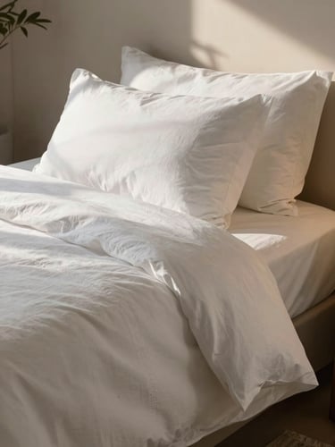 Close-up of neatly pressed, high-thread-count white linen bedding in a sunlit luxury bedroom, warm natural lighting, shadows of tree leaves on the wall.