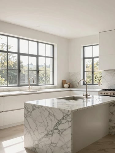 Wide angle architectural shot of a bright, minimalist luxury kitchen with Calacatta marble countertops, warm natural light streaming through large steel-framed windows, pristine and immaculate.