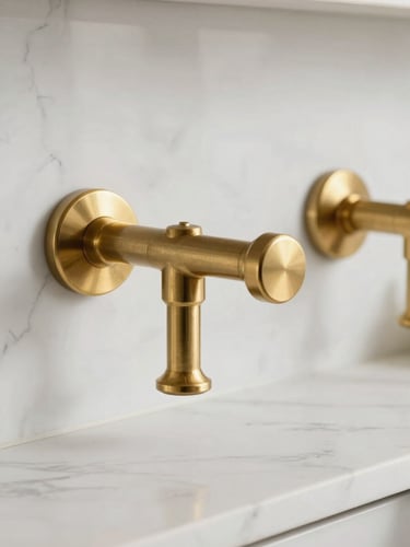 Close-up of polished unlacquered brass fixtures against a clean white marble backsplash, warm daylight highlighting the pristine textures.