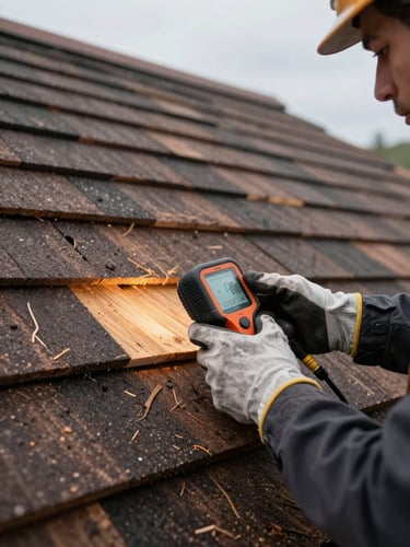Medium shot of a worker's gloved hands holding a moisture meter against exposed roof sheathing mid-repair, overcast daylight from an open section of removed shingles illuminating the tool readout and darkened wood