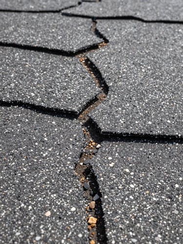 Extreme close-up of severely cracked asphalt shingles with granule loss and exposed substrate, shot in flat overcast daylight, filling the full frame edge-to-edge, no sky visible, texture dominant
