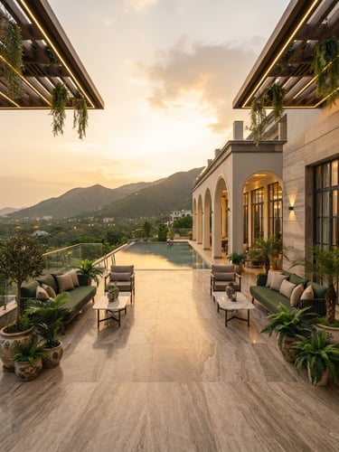 Symmetrical architectural view of a modern luxury villa terrace in Islamabad, soft evening golden-hour light casting long shadows on premium marble flooring.