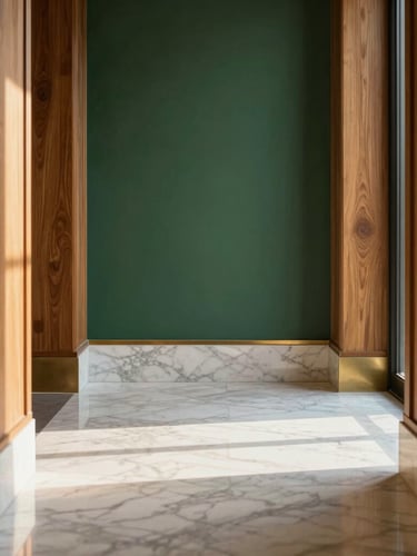 Symmetrical close-up of premium architectural finishes, polished white marble flooring meeting warm walnut wood paneling, subtle brass trim, soft natural window light
