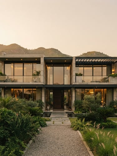 Symmetrical minimalist modern villa exterior in Islamabad, concrete and glass facade, soft golden hour sunlight, warm editorial photography