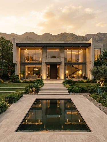 Symmetrical wide-angle shot of a modern minimalist concrete and glass villa in Islamabad at golden hour, warm architectural lighting, 35mm editorial style.
