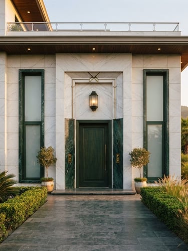 Symmetrical architectural detail of a modern luxury villa facade in Islamabad, warm golden-hour light hitting premium white marble and dark green accents, 35mm editorial photography