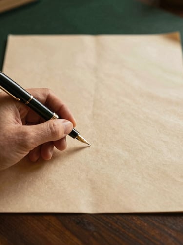 Close-up detail of a hand holding a fountain pen over premium parchment document on a dark wood desk, warm side light, elegant and trustworthy