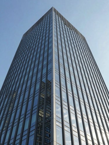 Low-angle architectural perspective of a modern glass skyscraper reflecting a bright blue sky, crisp morning sunlight, clean geometric lines.