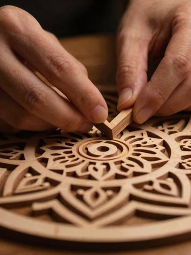 Close-up of human hands meticulously sanding the edge of a multi-layered birch wood laser-cut mandala, warm ambient light, shallow depth of field, high contrast.