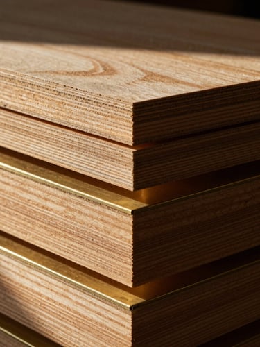Close-up of stacked premium birch plywood and polished brass sheets, emphasizing texture and quality, dramatic side-lit natural daylight.