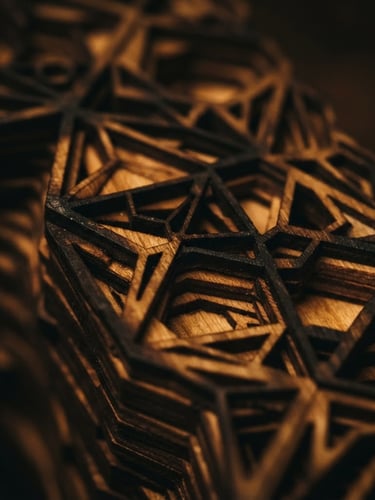 Macro shot of multi-layered laser-cut birch plywood edge, intricate geometric pattern, warm amber light, deep shadows, shallow depth of field.