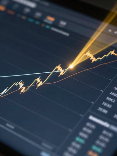 Macro shot of a high-end dark mode analytics interface showing complex financial lines and growth charts, cool-toned ambient light with a single warm yellow laser projection highlighting a peak vector line, clean technical grid lines