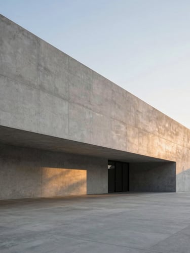 Ultra-wide architectural shot of a modern minimalist concrete building with clean linear shadows and subtle warm yellow lighting reflections, negative space on right