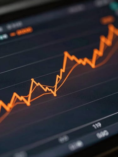 Macro close-up of a high-end dark interface showing analytical data graphs with sharp orange vector lines, high-contrast studio lighting
