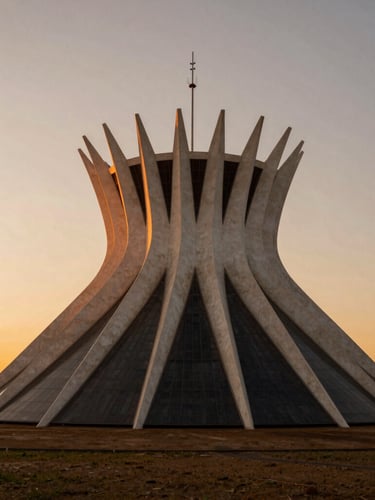 Ultra-wide architectural shot of modern institutional concrete building in Brasília, sharp geometric lines, dramatic sunset casting warm orange light, high-contrast shadows.