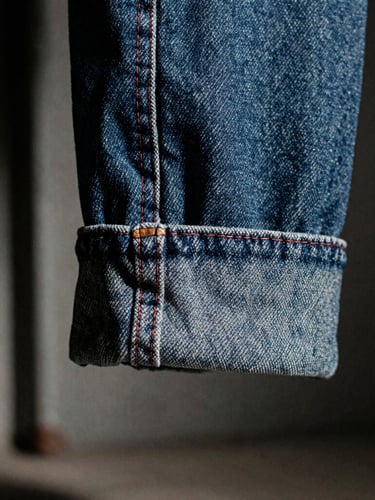 Extreme macro close-up of heavy 12oz raw selvedge denim edge, red stitch line visible, hard directional studio light, deep shadows, desaturated industrial background