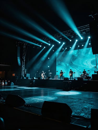 Dramatic wide-angle shot of a high-energy live event stage with electric cyan lighting and deep obsidian shadows, 35mm lens.