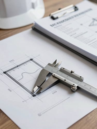 Close-up shot of a structural engineer's desk, featuring a crisp black-and-white working drawing of a foundation layout, a professional steel caliper, and a neatly bound technical report, bright neutral lighting.