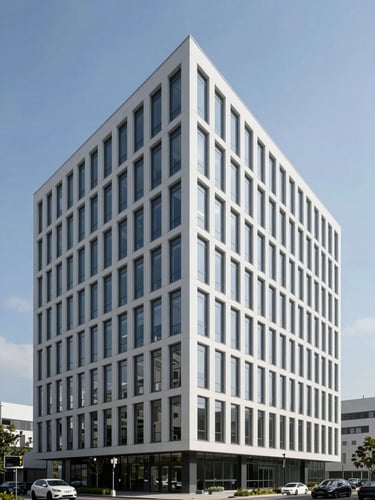 High-resolution architectural render of a modern minimalist office building, clean geometric lines, bright daylight, blue sky background, professional composition.