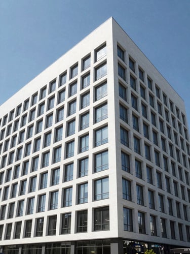 Wide-angle architectural elevation render of a modern minimalist office building, clean geometric lines, bright daylight, clear blue sky, highly structured composition.