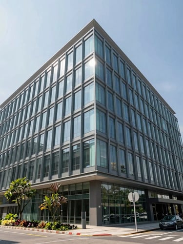 Elevasi arsitektural sudut lebar dari gedung perkantoran kaca modern dengan garis geometris bersih di bawah cahaya siang hari yang terang.