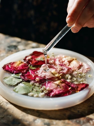 Macro close-up of clear liquid resin being hand-poured over delicate dried wedding petals, dramatic high-contrast side lighting, glossy reflective surfaces, 35mm