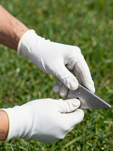 Close-up of hands gripping a wedge with technical precision, clean white glove, deep green grass background, shallow depth of field, 35mm