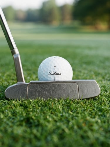 Tight macro shot of a clean steel putter face aligning perfectly with a golf ball on a crisp morning green, shallow depth of field, 35mm